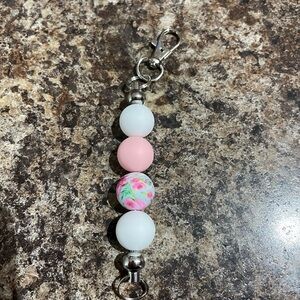 Pink & White Beaded Keychain with Floral Accent 15MM